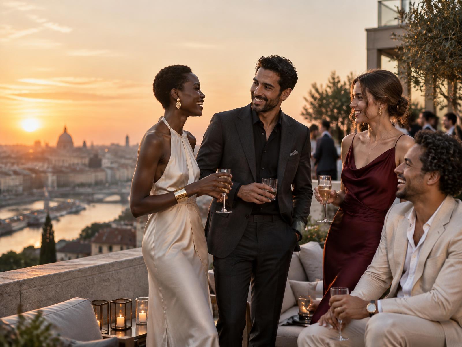 A diverse group of adults connecting at an elegant rooftop gathering